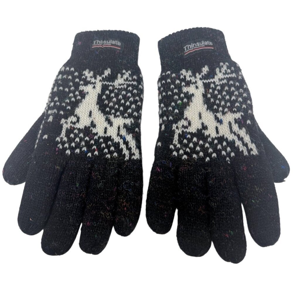 Vintage Thinsulate Mens Gloves Wool Blend Knit Fleece Gray Nordic Deer Fair Isle